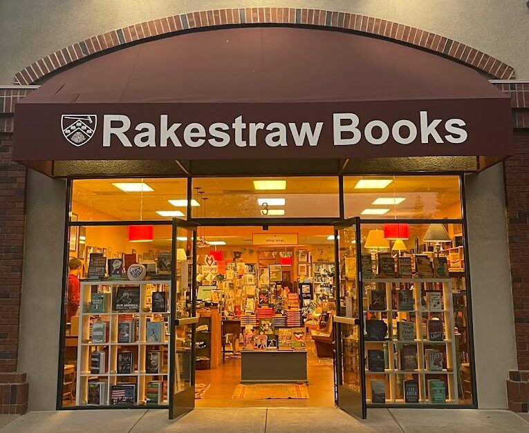 entrance to Rakestraw Books at dusk