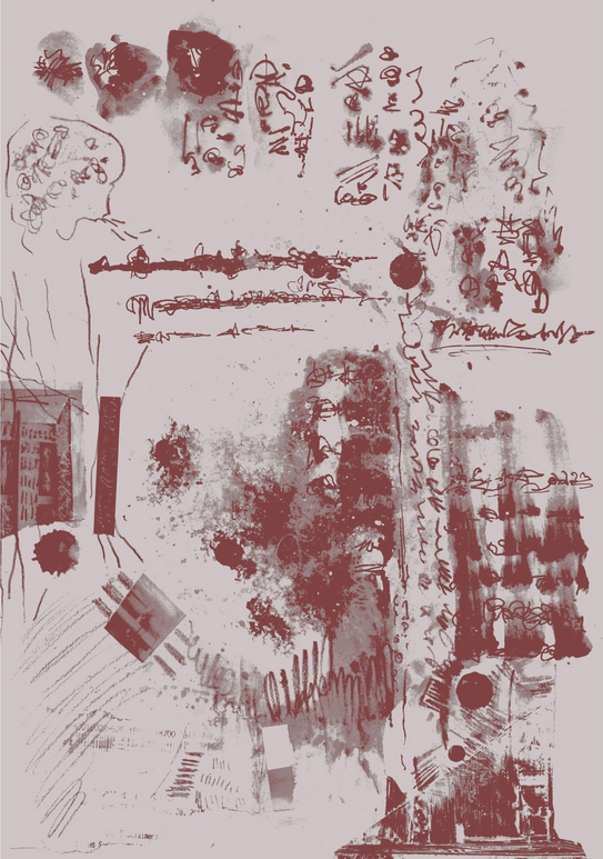 Abstract artwork featuring scattered red and black ink marks, scribbles, and smudges on a pale background. The composition includes lines, textured areas, and text-like shapes, creating a chaotic, expressive visual effect.