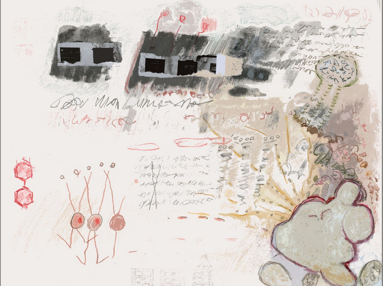Abstract artwork featuring geometric shapes, scribbled text, and sketchy lines. There are black rectangles, red stick figures, faded writing, and a soft, bear-like shape in the lower right corner on a textured background.
