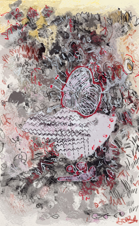 Abstract artwork with swirling red, white, and black lines and scribbles over a textured gray and beige background. Central shapes resemble wings or leaves, adding a sense of movement and energy to the chaotic composition.