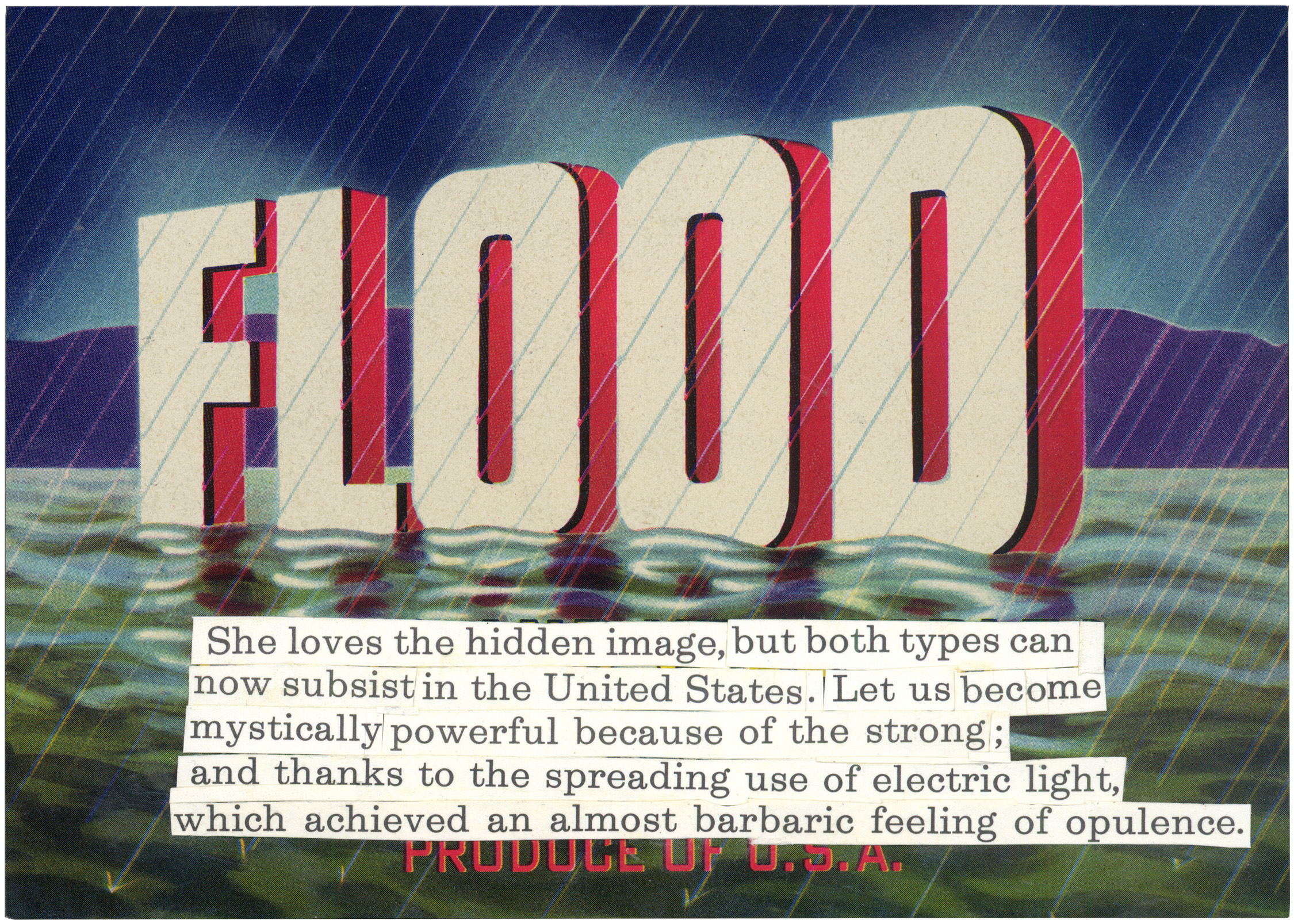 Large 3D letters spelling “FLOOD” stand partially submerged in rising water, with rain falling and mountains in the background. A pasted text strip overlays the image with a poetic message about power, light, and opulence.