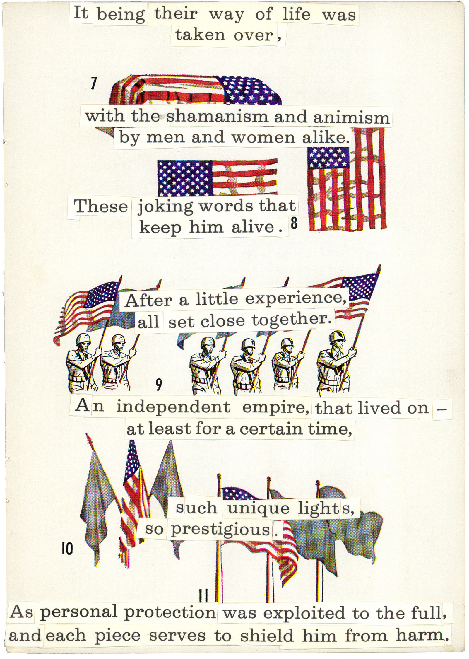 A collage with American flags, skeletons holding hands, and snippets of text discussing shamanism, animism, independence, and protection, arranged in a visually dynamic layout.